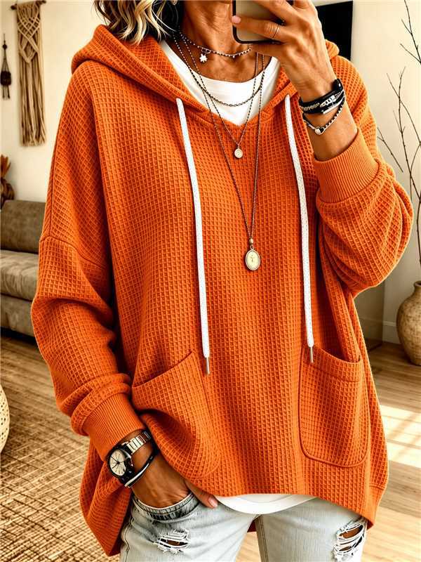 Anno Self-Developed 2026 Women's Waffle Knit Loose Long-Sleeve Hooded Sweatshirt for Amazon Independent Station Casual