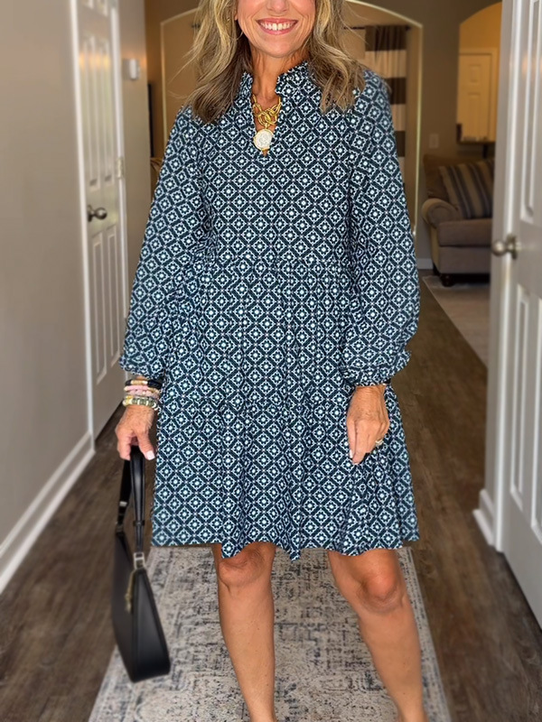 V-Neck Three-Quarter Sleeve Diamond Print A-Line Dress