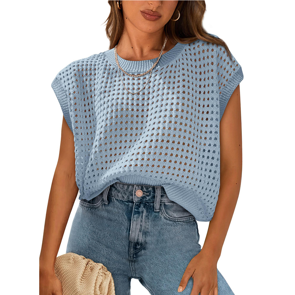 Women's Round Neck Hollow Out Knit Sun Protection Cover-Up