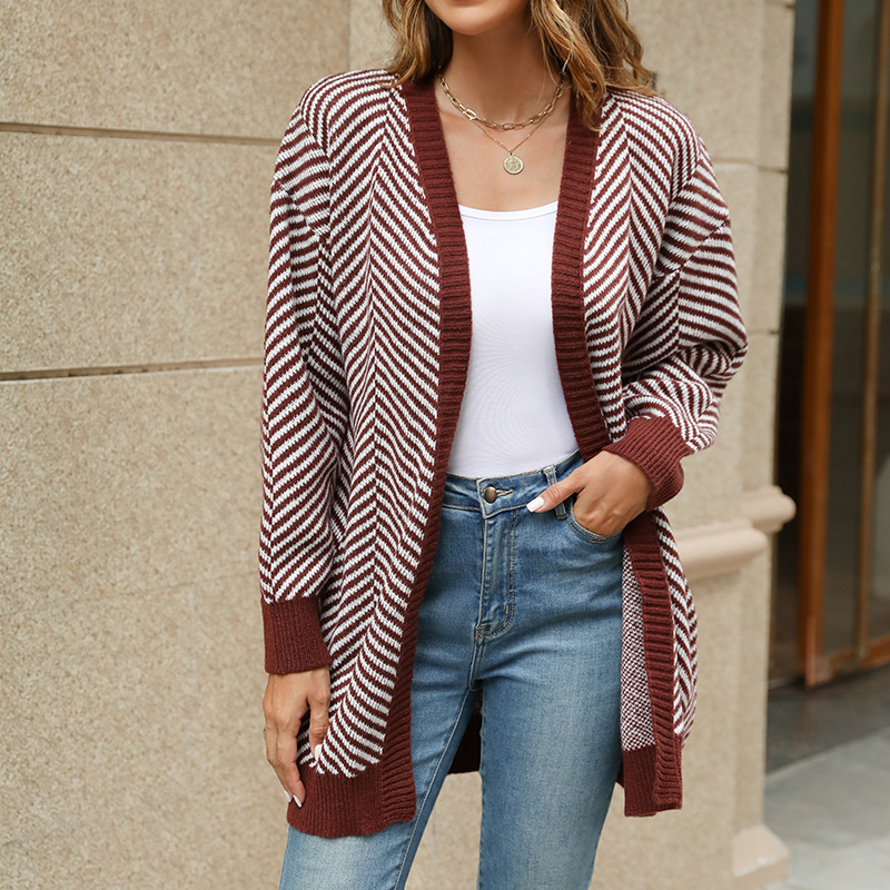 Women's Striped Colorblock Knit Cardigan Loose Long Sweater Coat