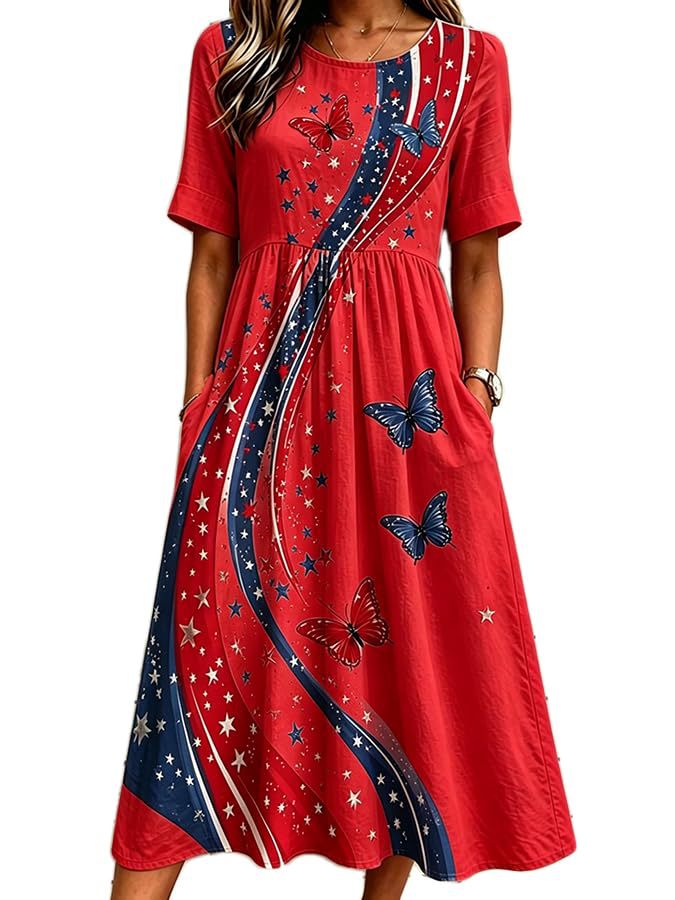 Women's Elegant Butterfly Line Print Pleated Midi Dress