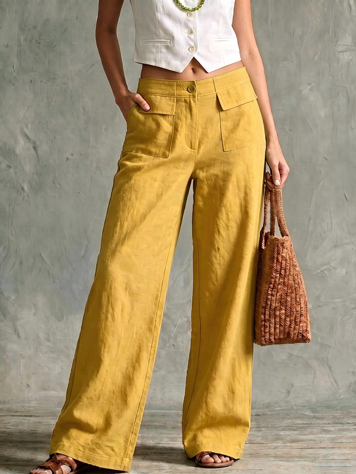 Women's Solid Cotton-Blend Wide-Leg Casual Pants High Waist Loose Fit