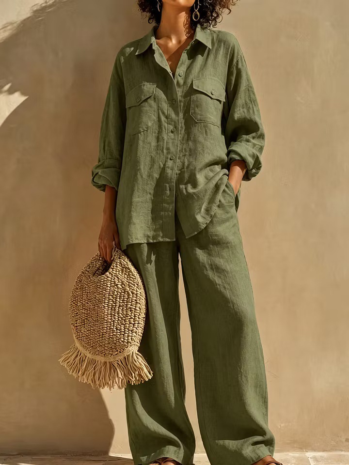 Women's Solid Linen-Blend Long-Sleeve Button-Down Shirt and Wide-Leg Pants Set with Pockets