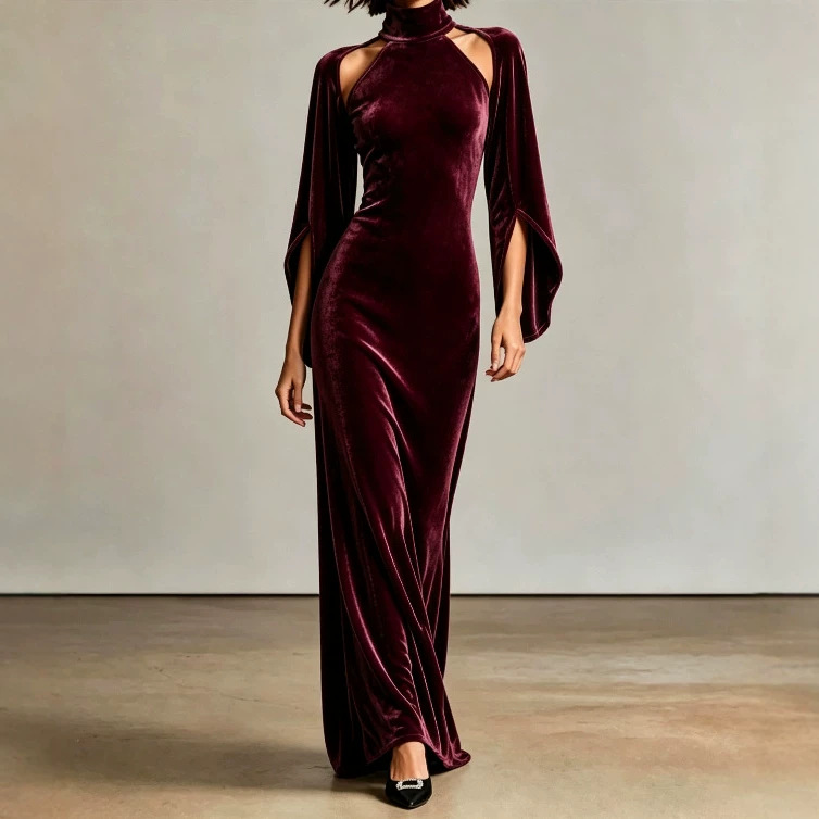 Women's Velvet Bell Sleeve Cutout High Neck Long Evening Dress
