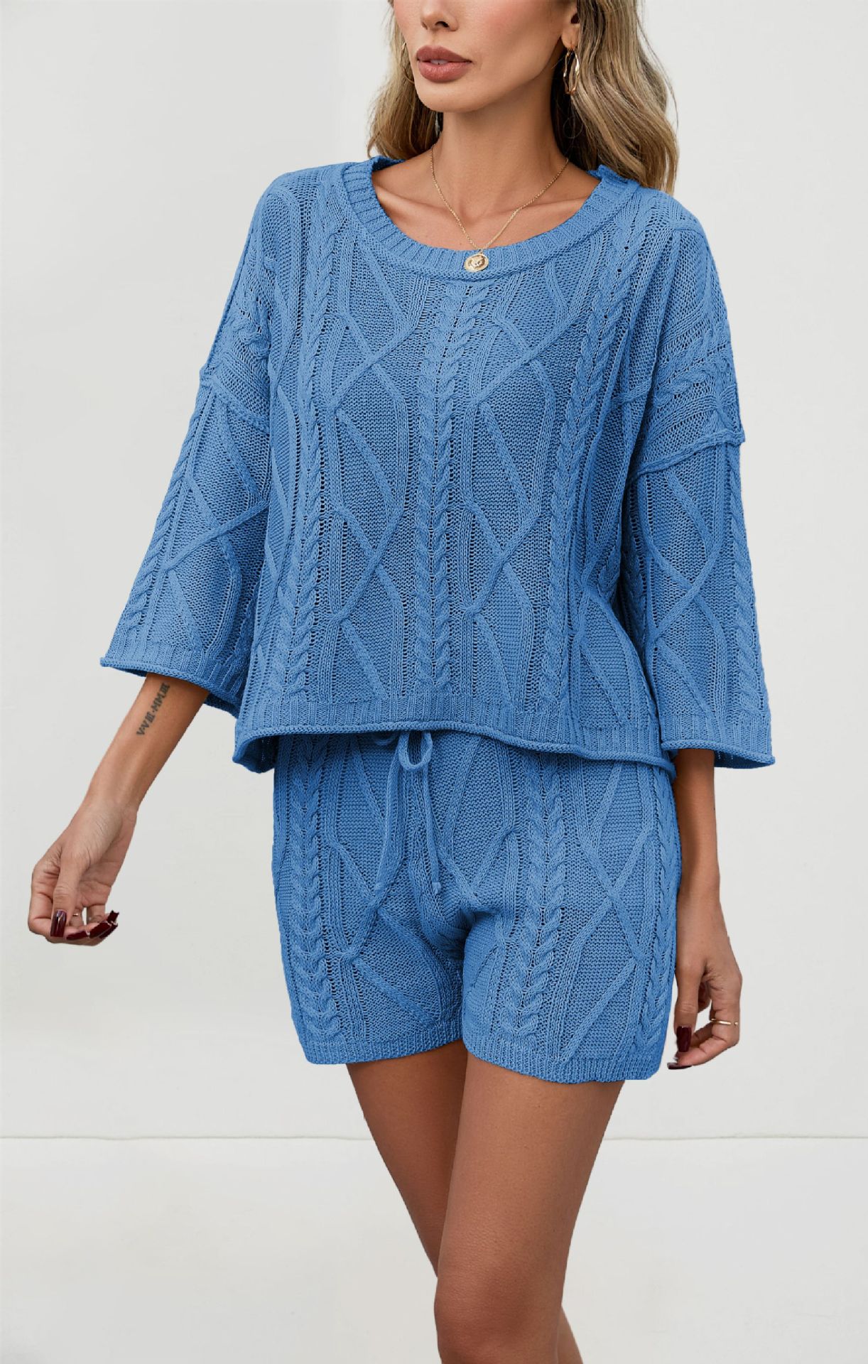 Cable-Knit Solid Color Crewneck Sweater and Shorts Set