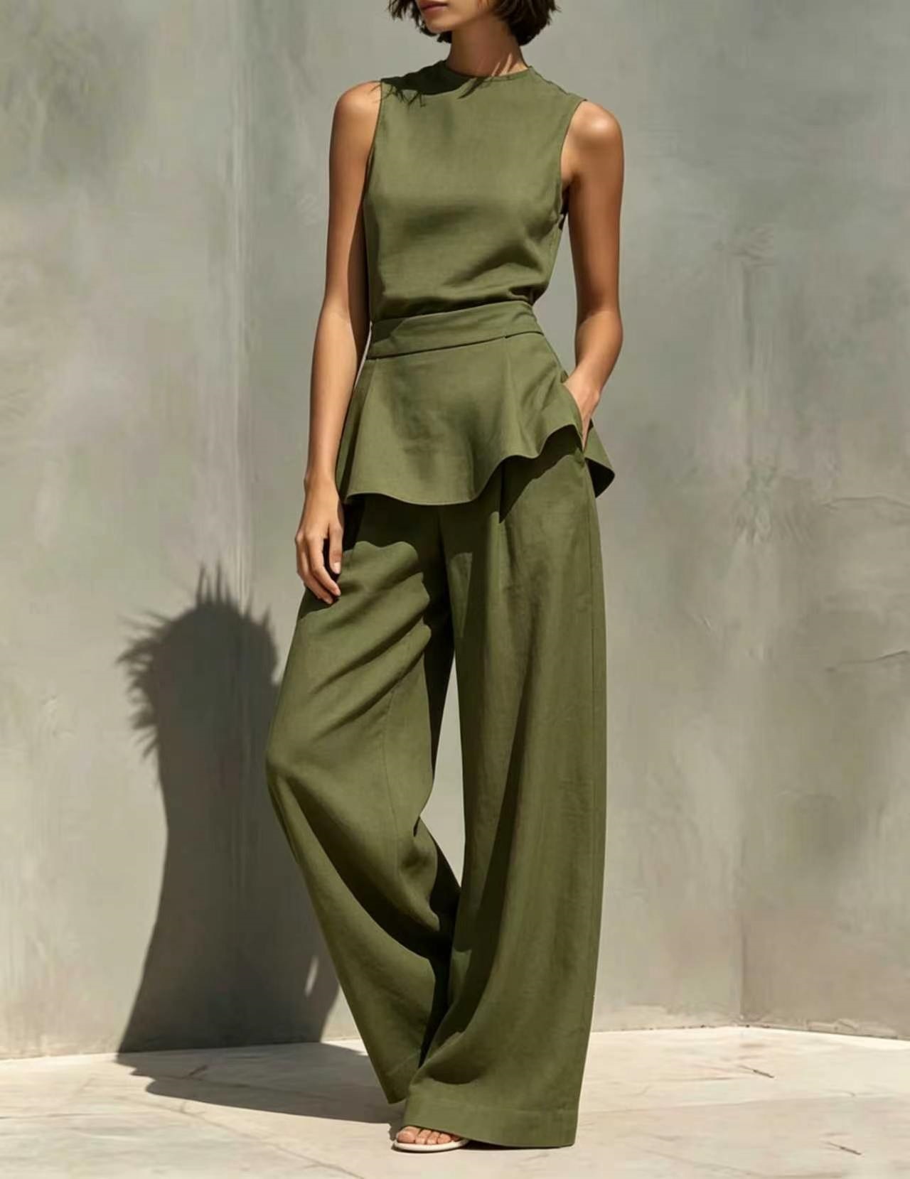 Women's Sleeveless Vest & Wide-Leg Pants Cotton-Linen Two-Piece Set