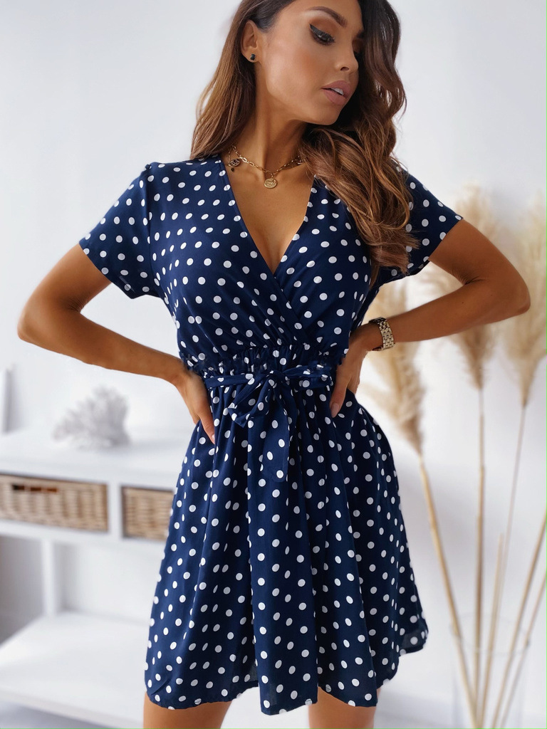 V-Neck Short Sleeve Tie Polka Dot Print Mini Dress