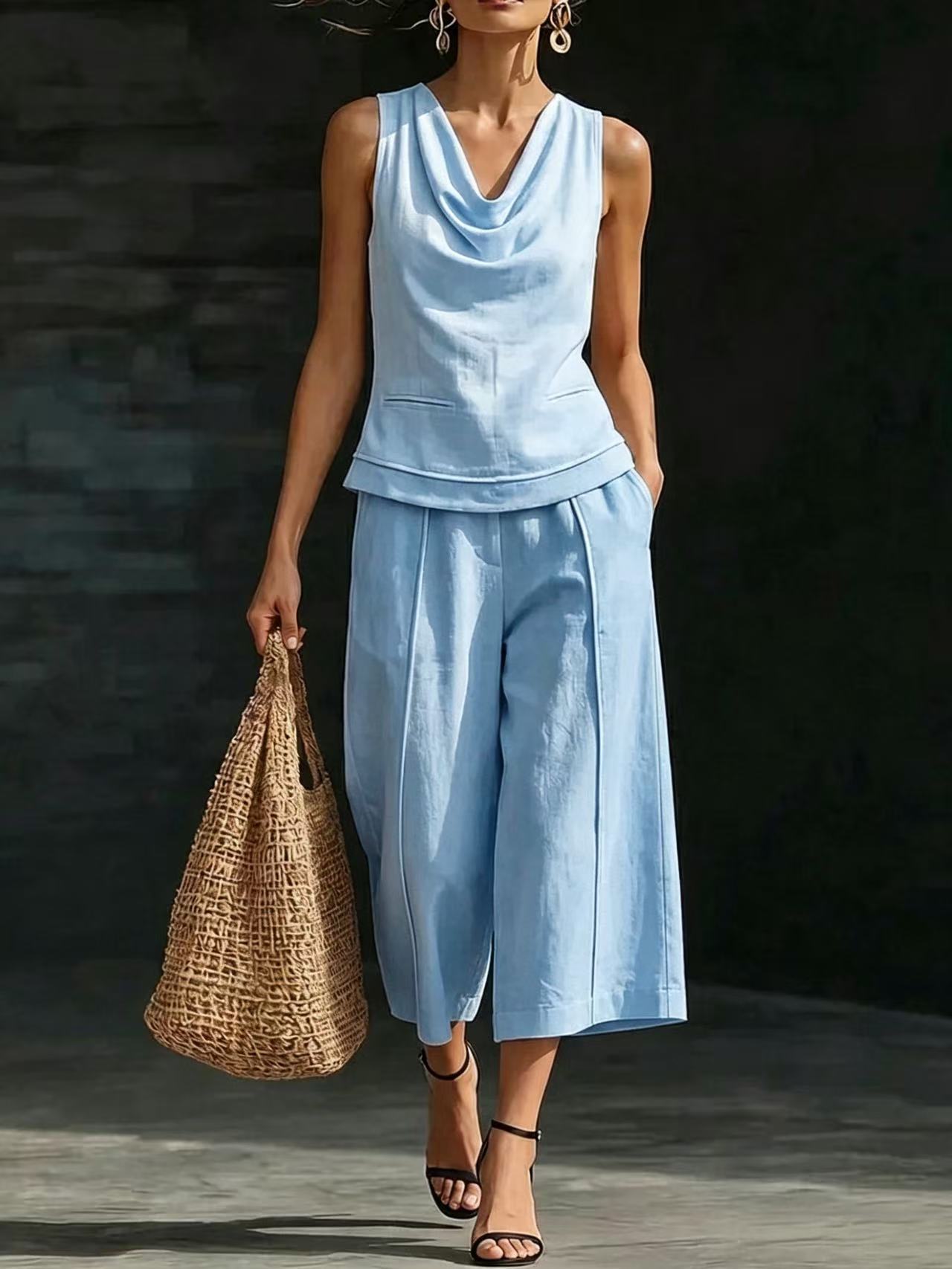 Women's Summer Sleeveless Tank Top and Capri Pants Set Solid Color