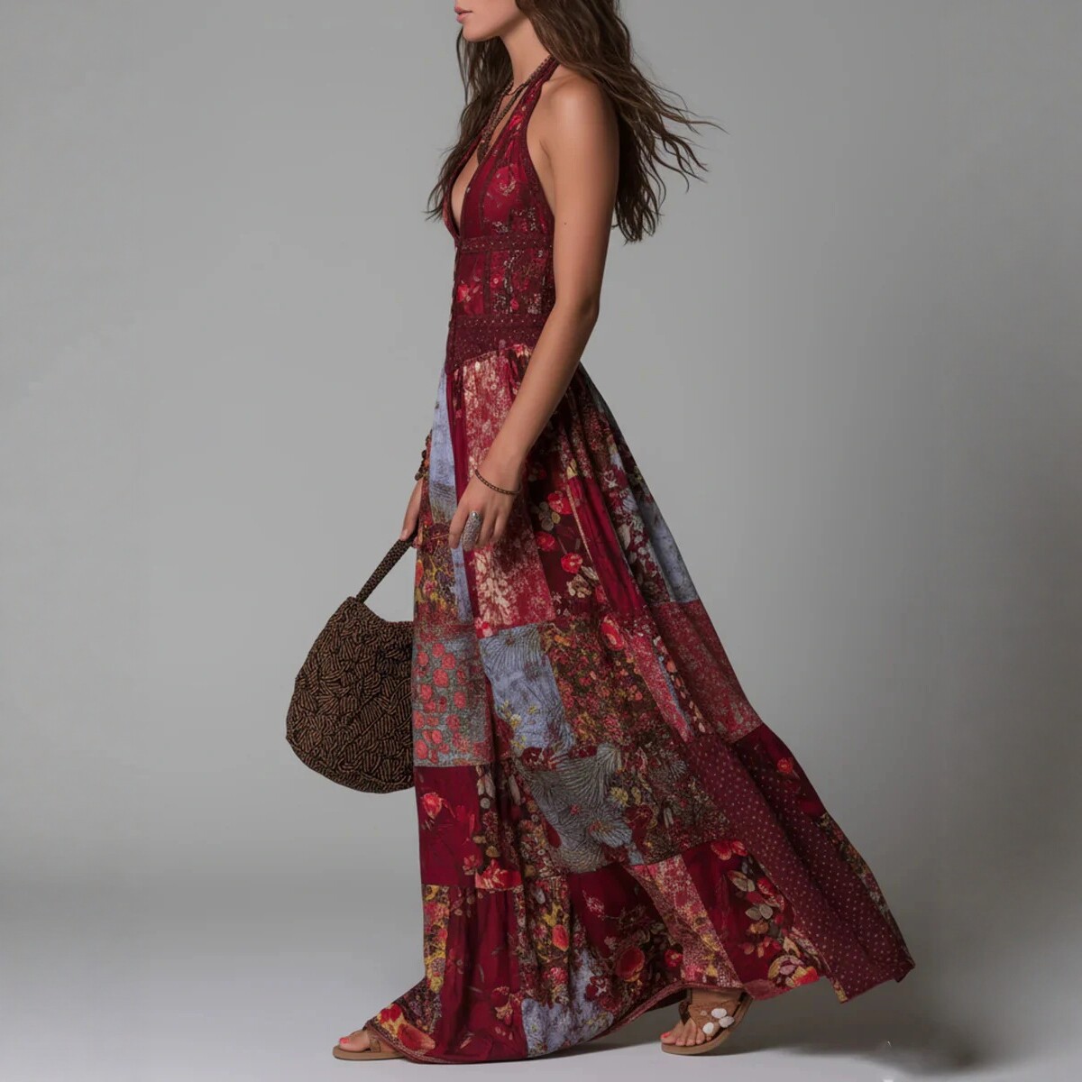 Purple High Neck Lace Panel Chiffon Maxi Dress