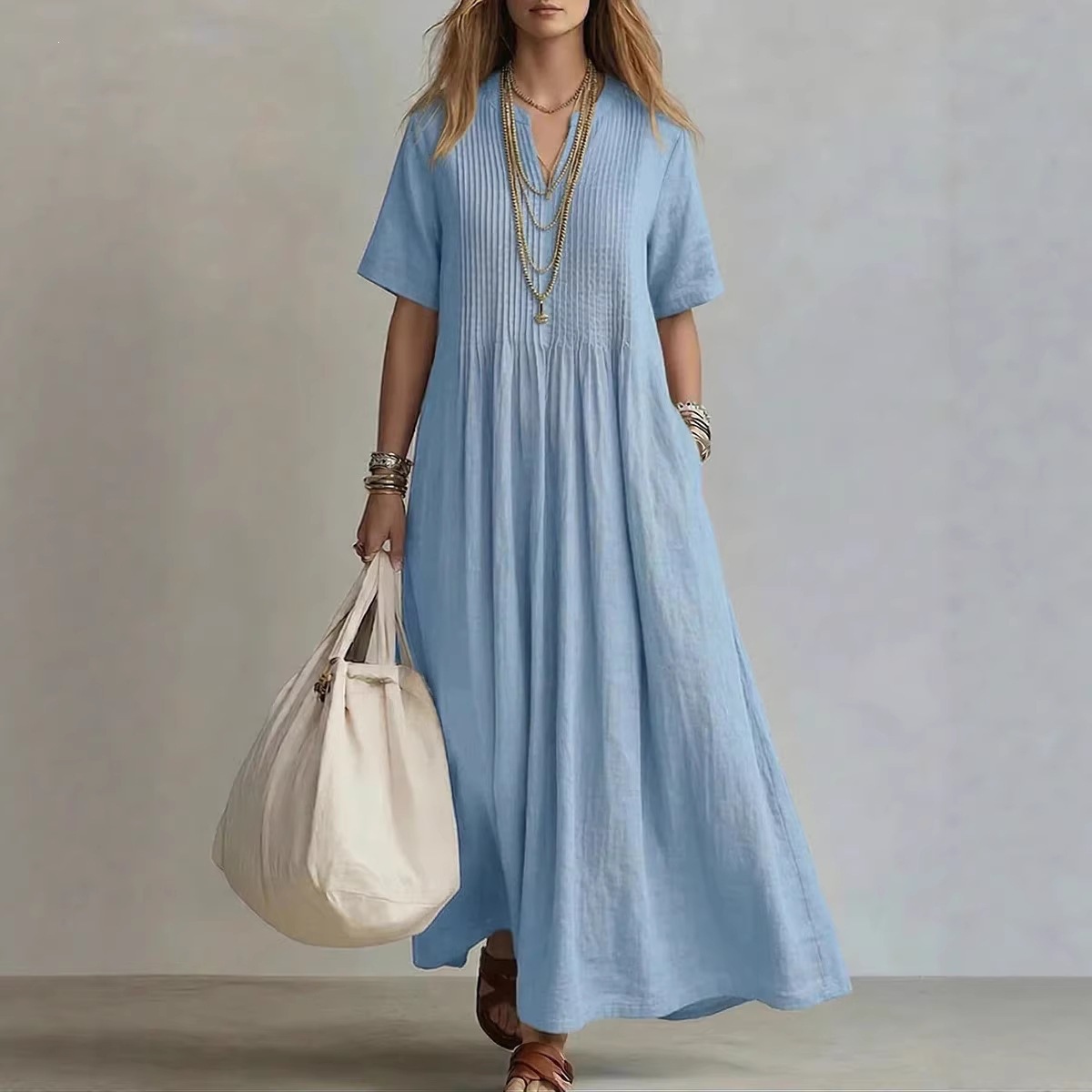Women's Summer V-Neck Pleated Maxi Dress Casual Vacation Solid Color