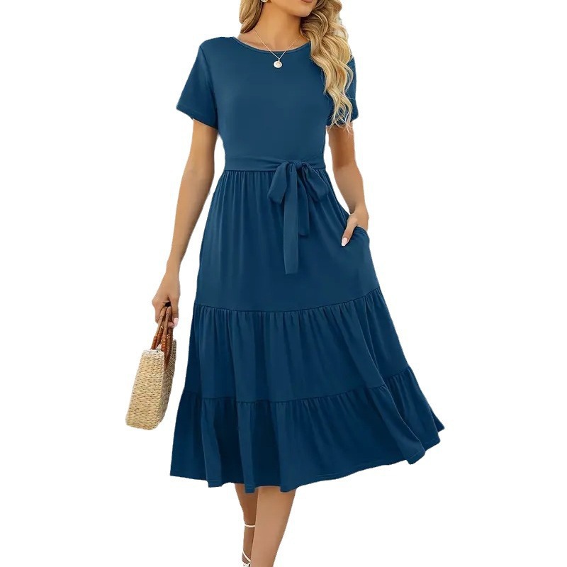 Women's Round Neck Tie Short Sleeve Casual Dress