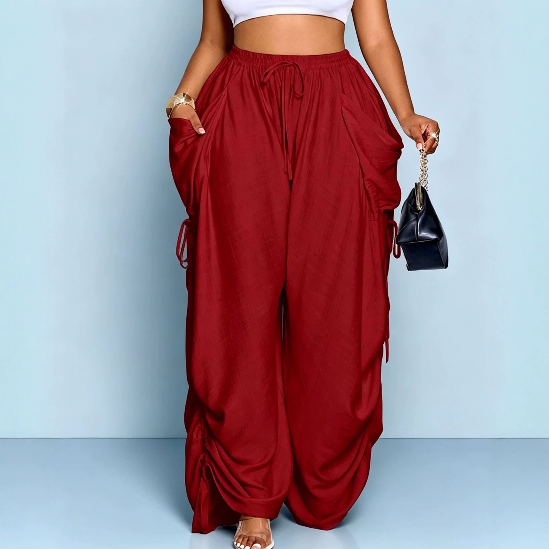 Women's High-Waist Harem Pants Cotton-Linen Drawstring Pockets Plus Size