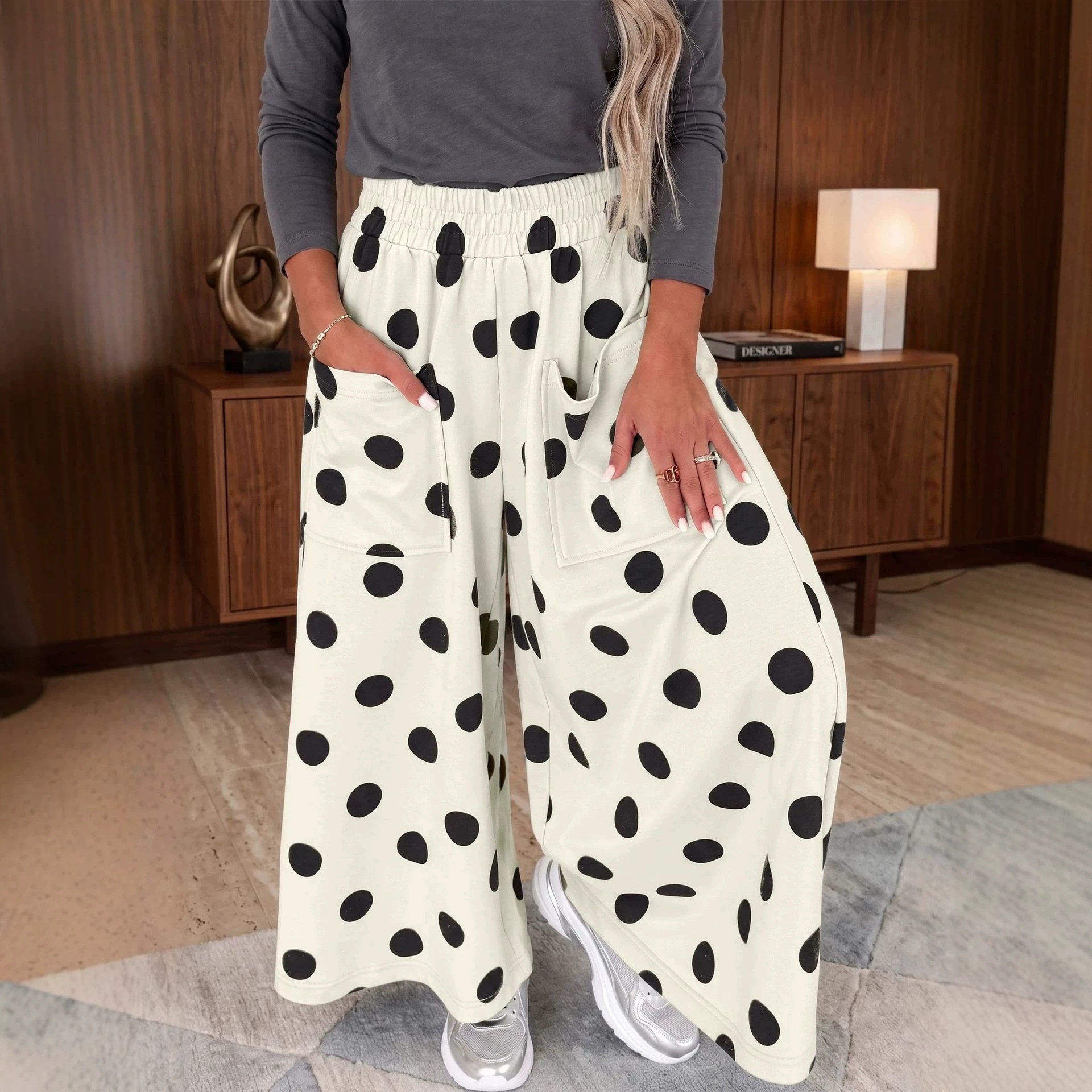 High-Waist Polka Dot Wide-Leg Pants with Pockets