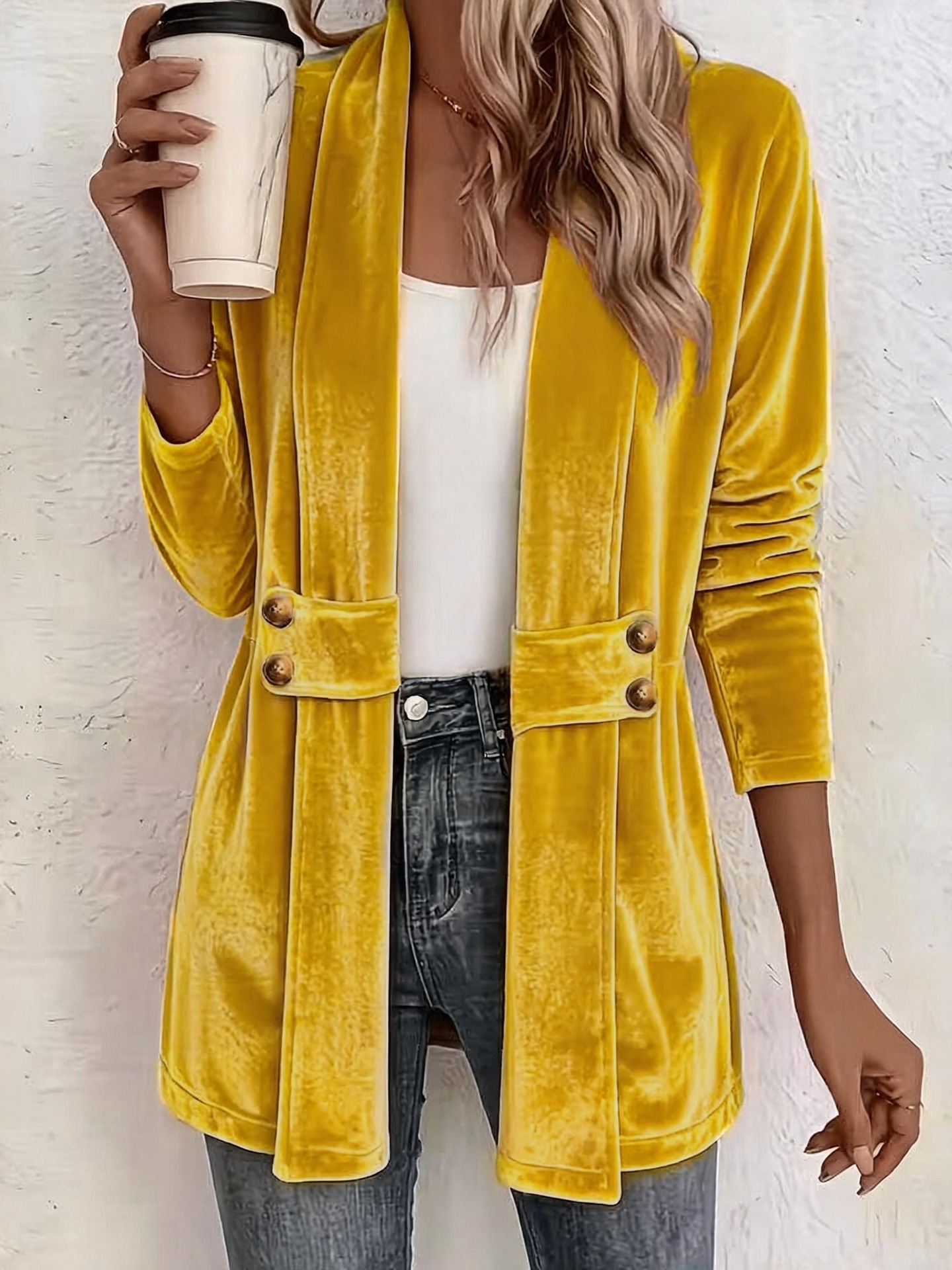 Women's Double-Breasted Gold Velvet Cardigan Lazy Style Mid-Length Top
