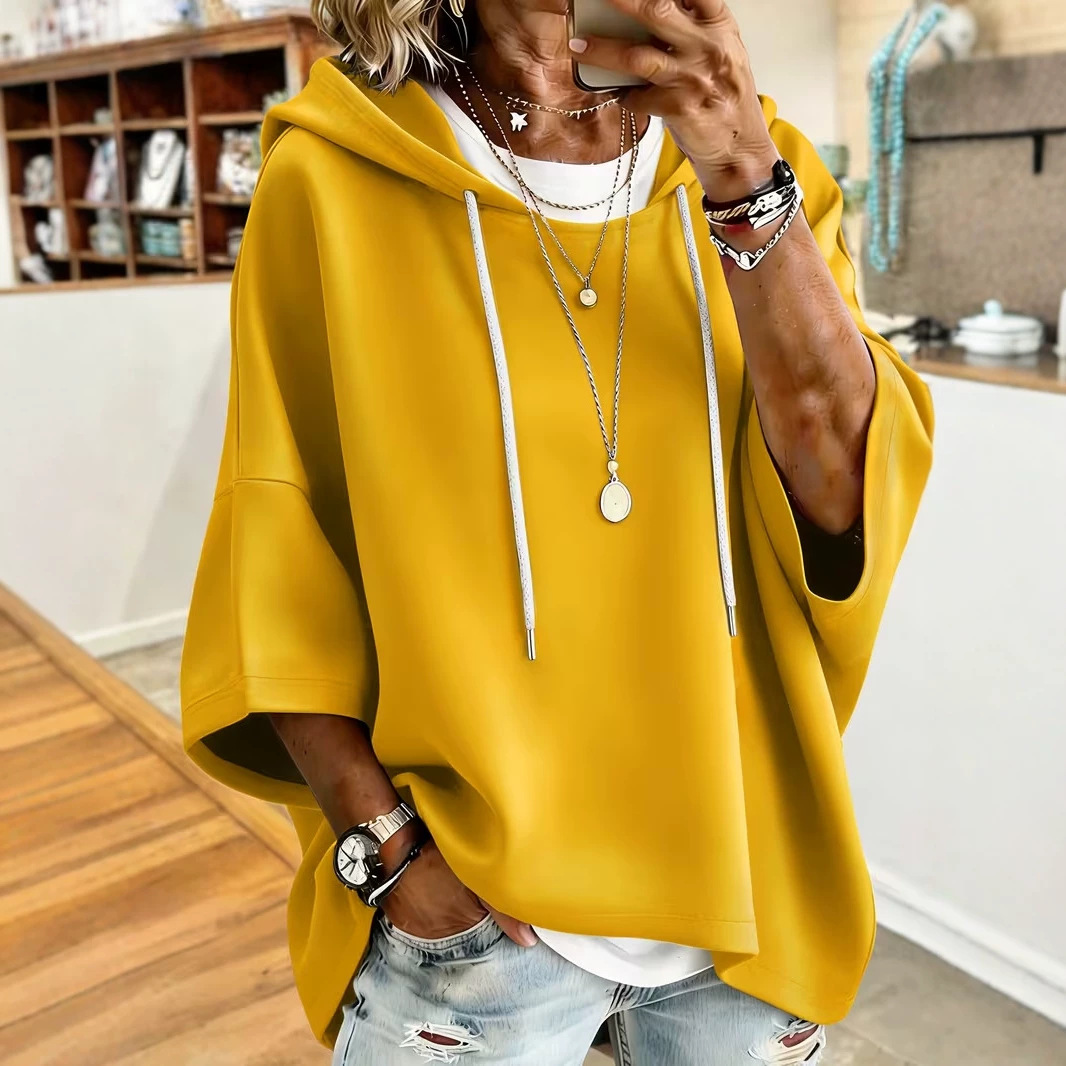Women's Solid Print Oversized Hoodie with Large Neckline