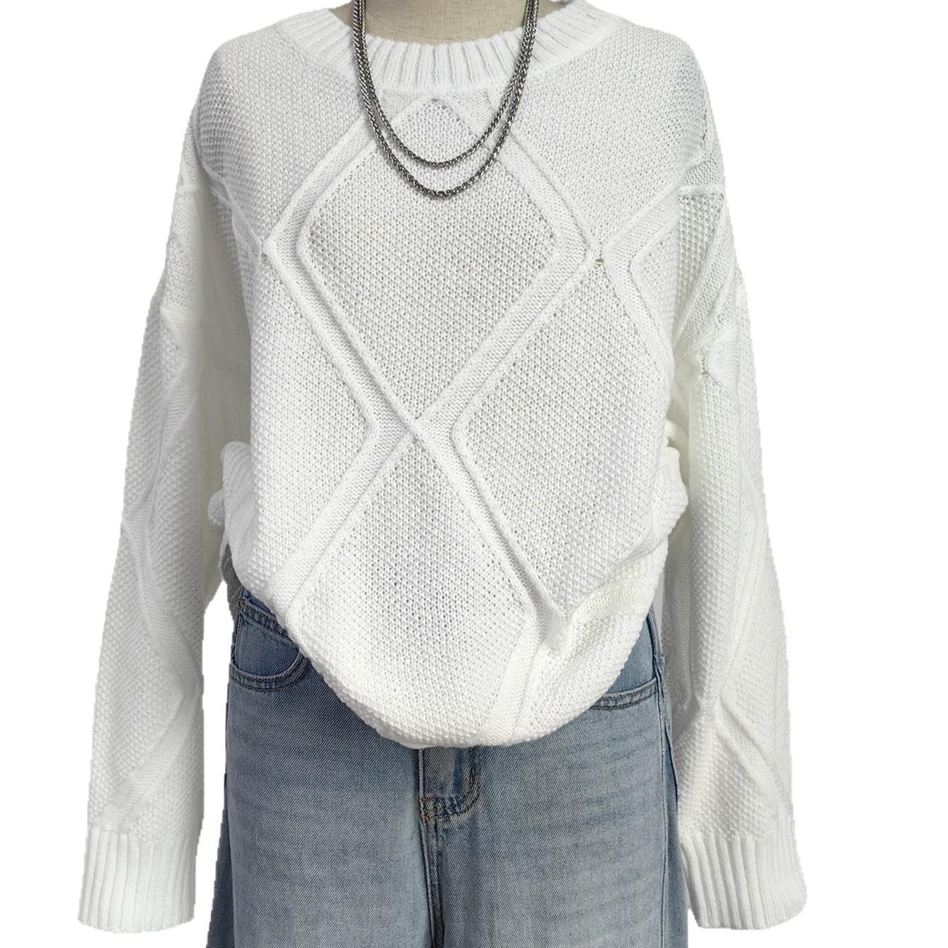 Women's Argyle Jacquard Pullover Sweater Loose Casual Crew Neck Long Sleeve