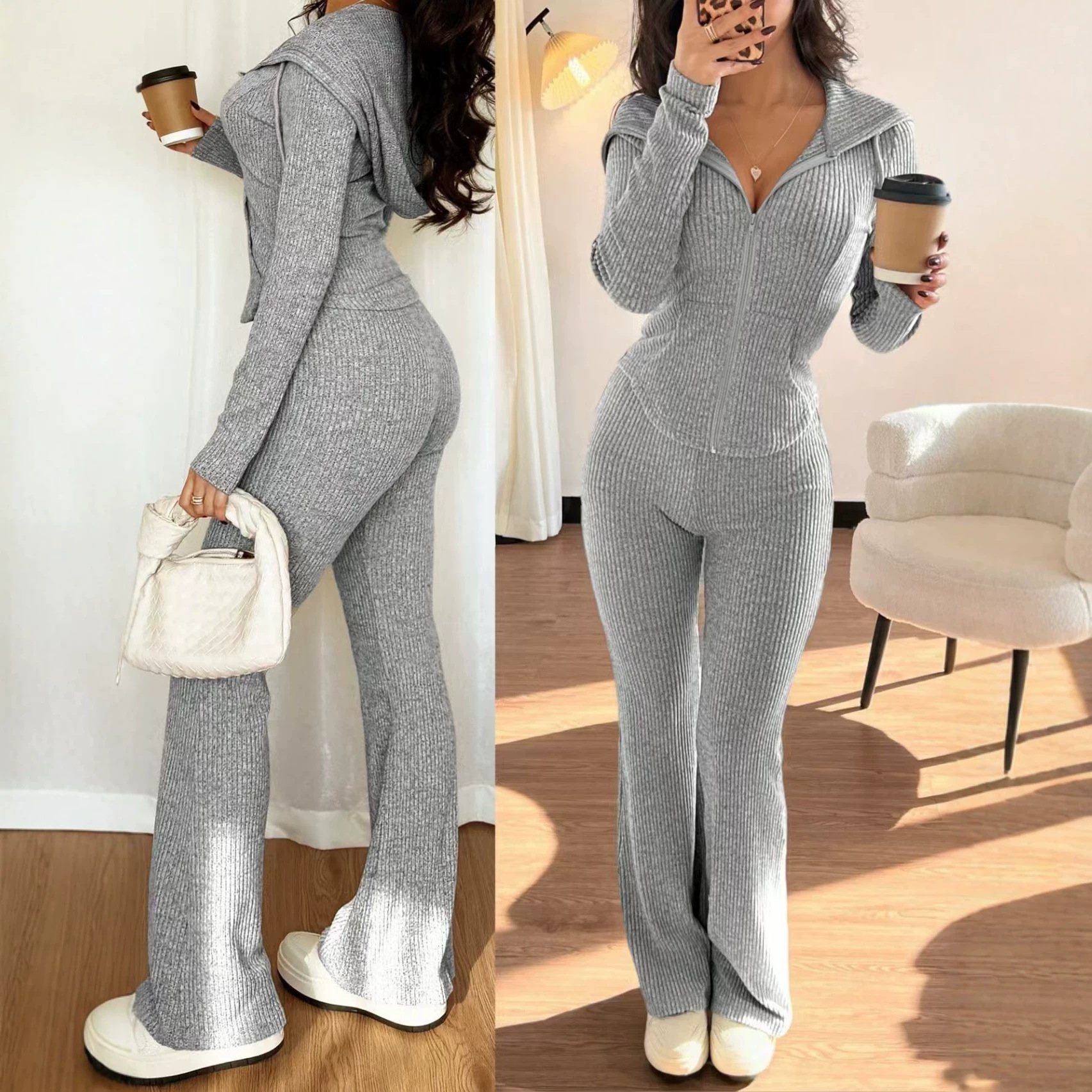 Women's Slim Fit Zip-Up Top and Pants Set