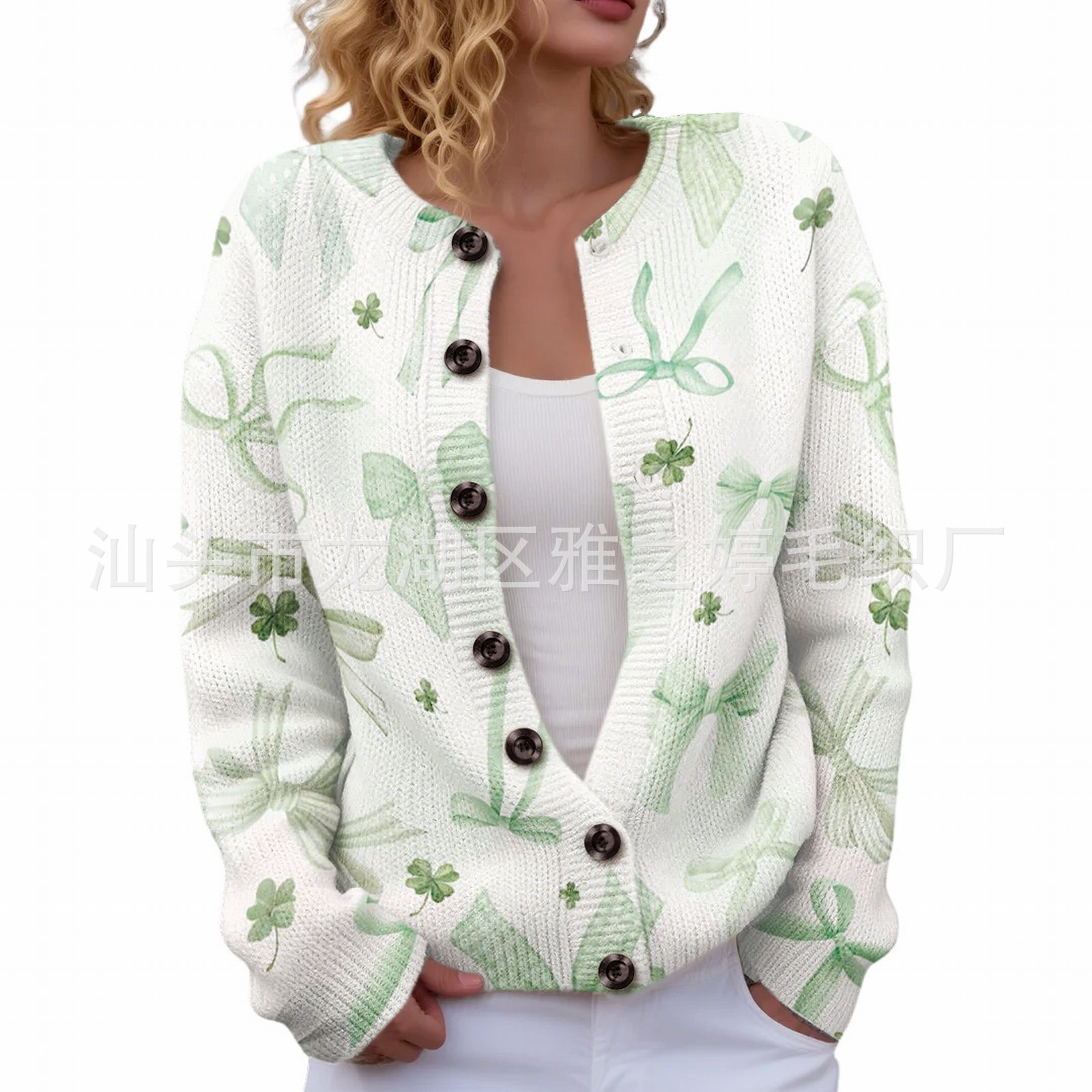 Women's Four-Leaf Clover Print Button Cardigan Sweater