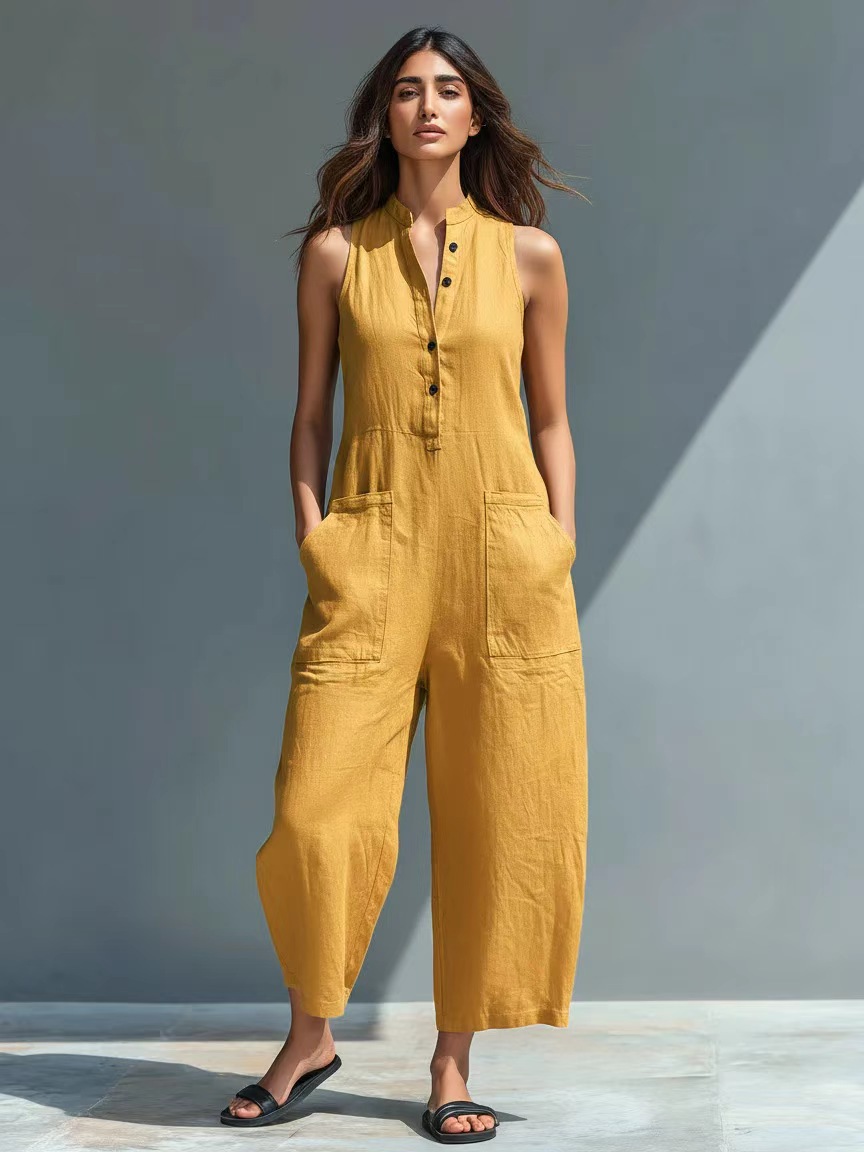 Women's Sleeveless Stand Collar Pocket Jumpsuit