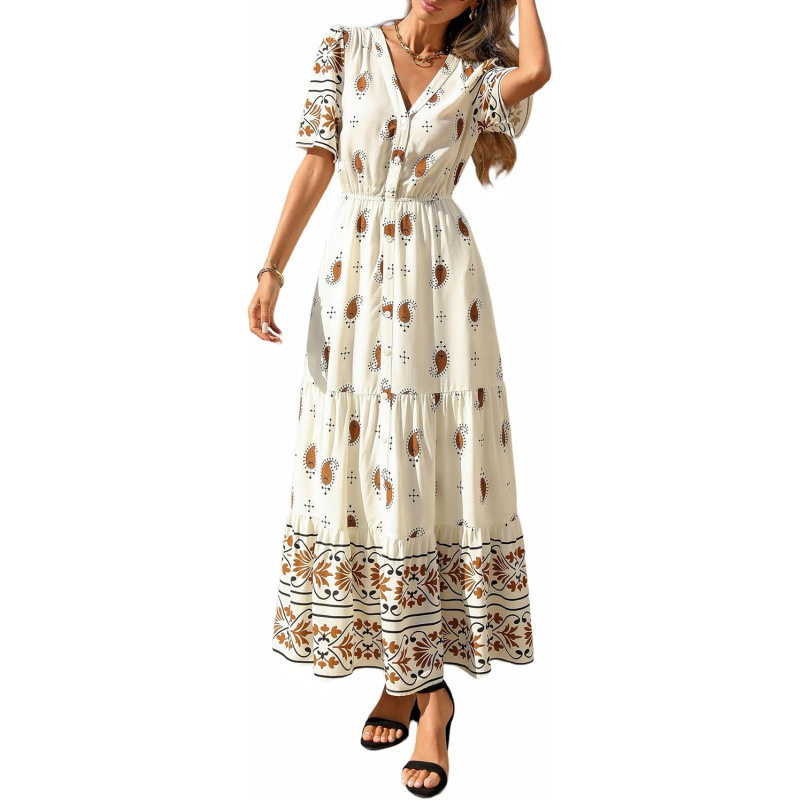 Bohemian V-Neck Short Sleeve Midi Dress Floral Print