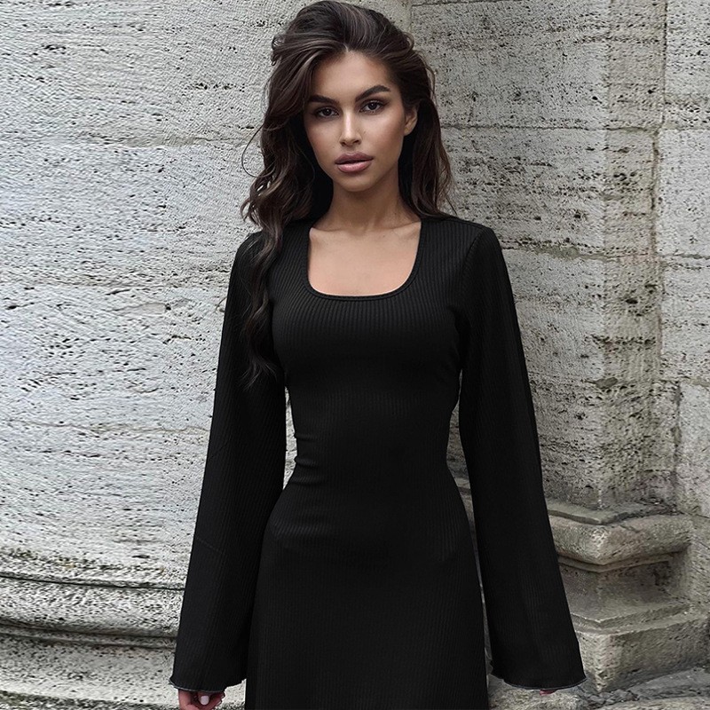 Women's Loose Fit High Waist Ribbed Long Sleeve Dress with Back Tie and Flared Sleeves