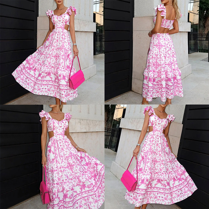 Elegant Flutter-Sleeve Floral Print Cutout Waist Dress