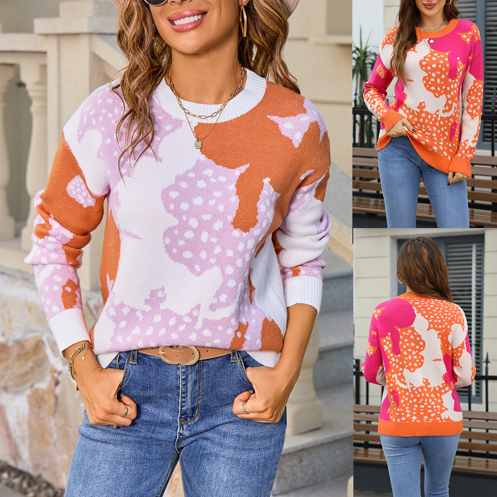 Women's Colorful Floral Jacquard Crewneck Pullover Sweater