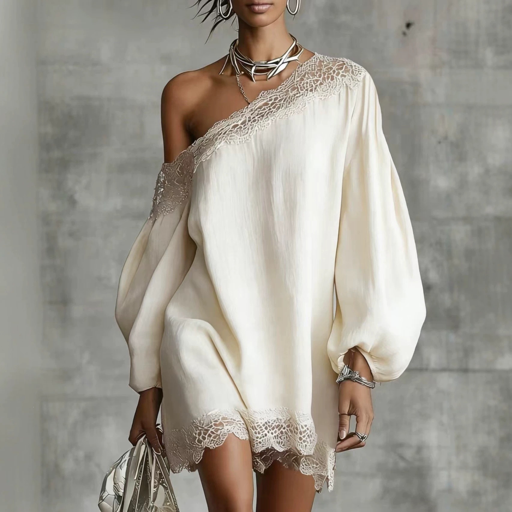 Women's Summer One-Shoulder Long-Sleeve Lace Trim Solid Casual Top