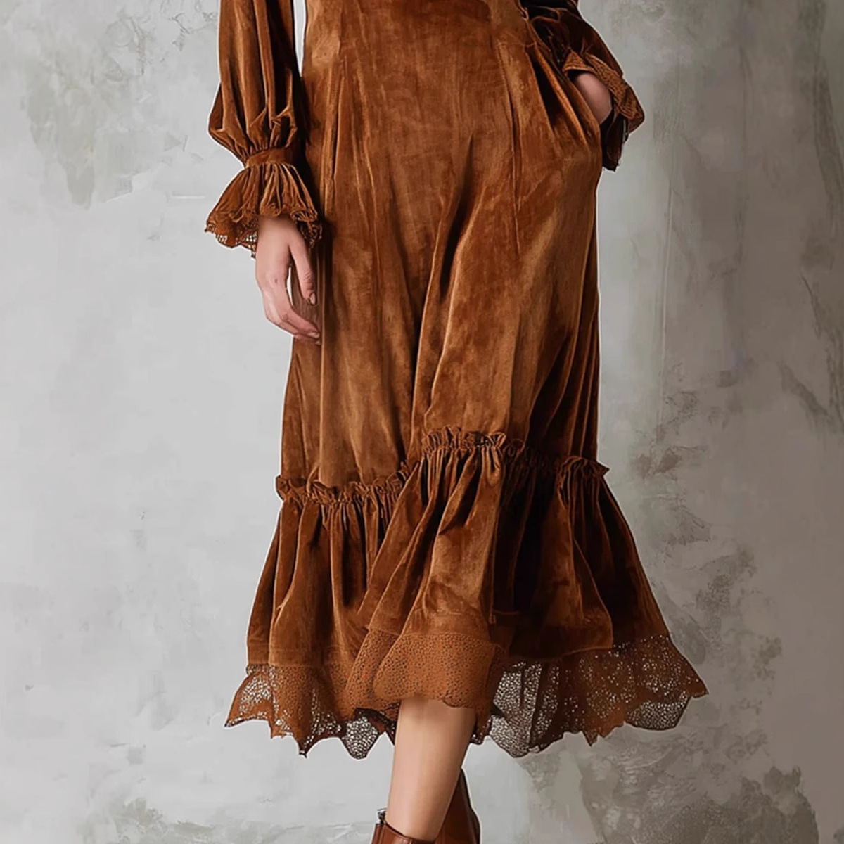 Women's Long Sleeve Lace-Trim Velvet Dress with V-Neck and Ruffled Lantern Sleeves