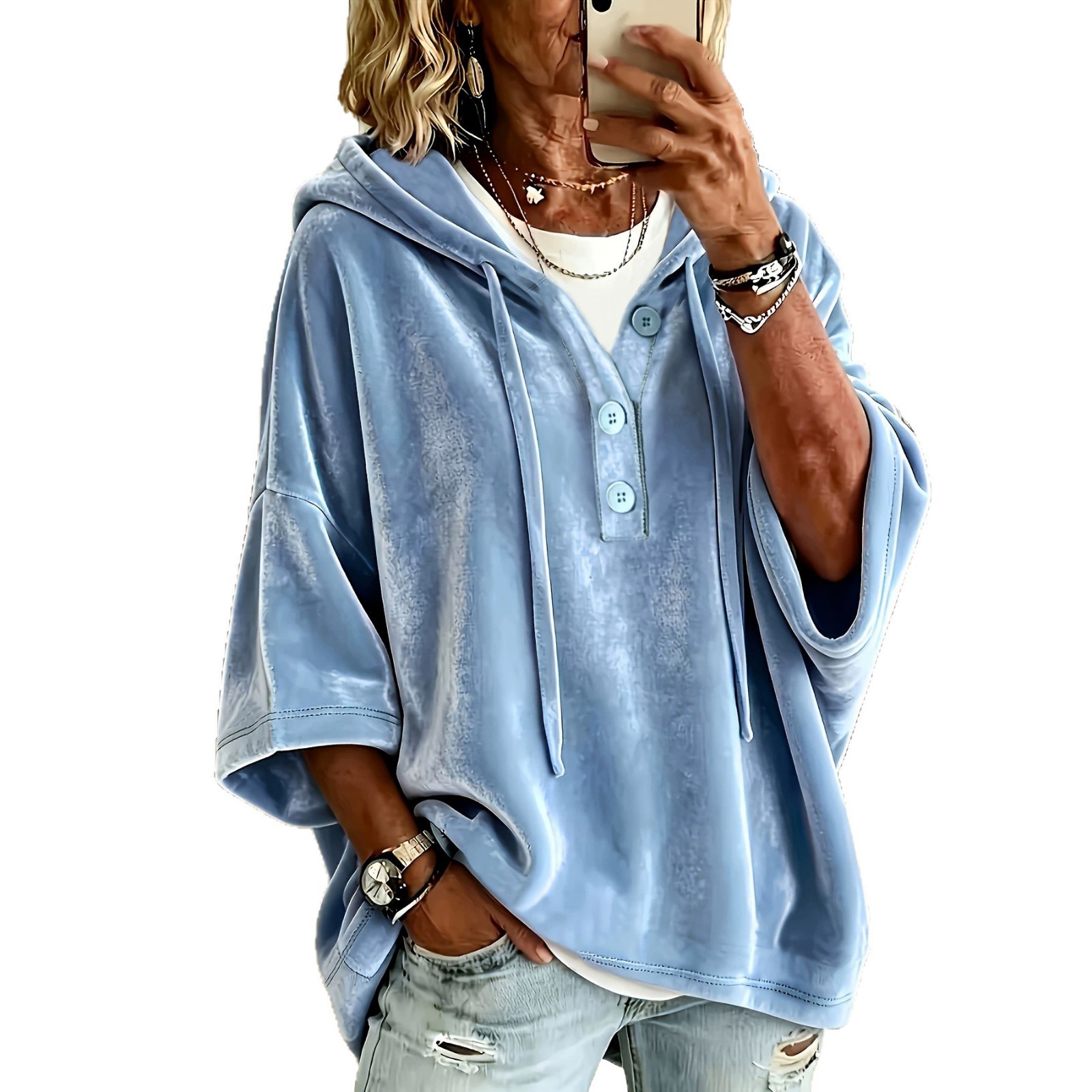 Women's Solid Color Gold Velvet 3/4 Sleeve Top