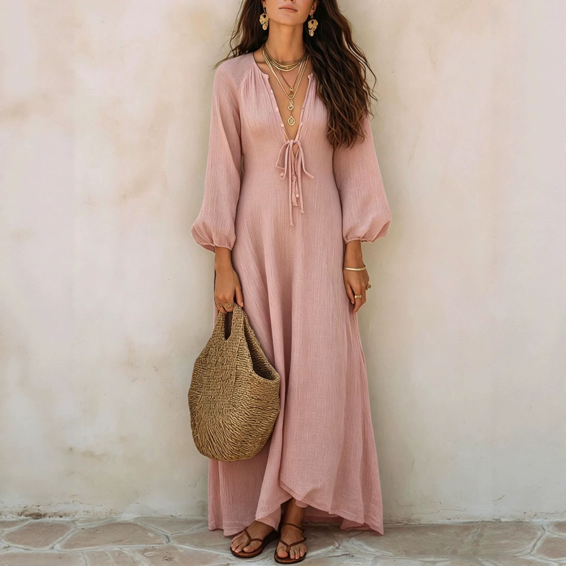 Deep V-Neck Tie-Front Textured Bubble Sleeve Boho Maxi Dress