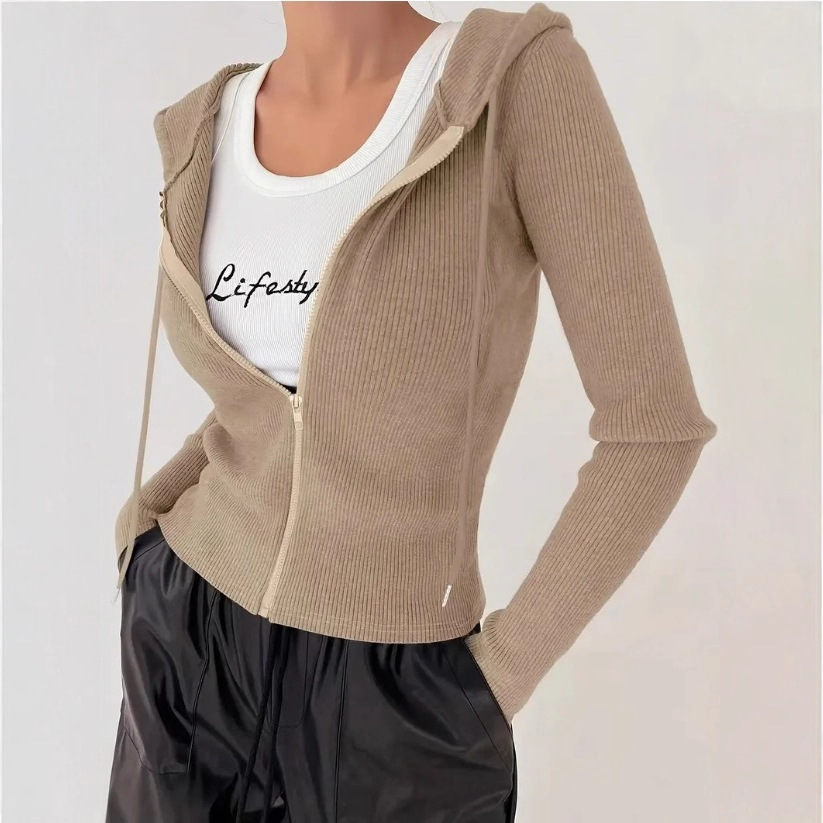 Solid Color Slim Fit Hooded Zip-Up Jacket Casual Women's Top