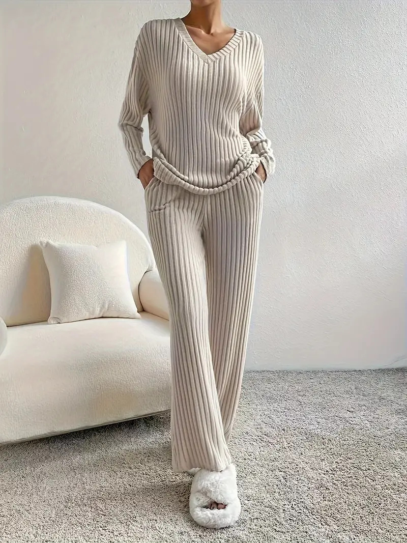 Women's Solid V-Neck Loose Top and Straight-Leg Pants Ribbed Two-Piece Set