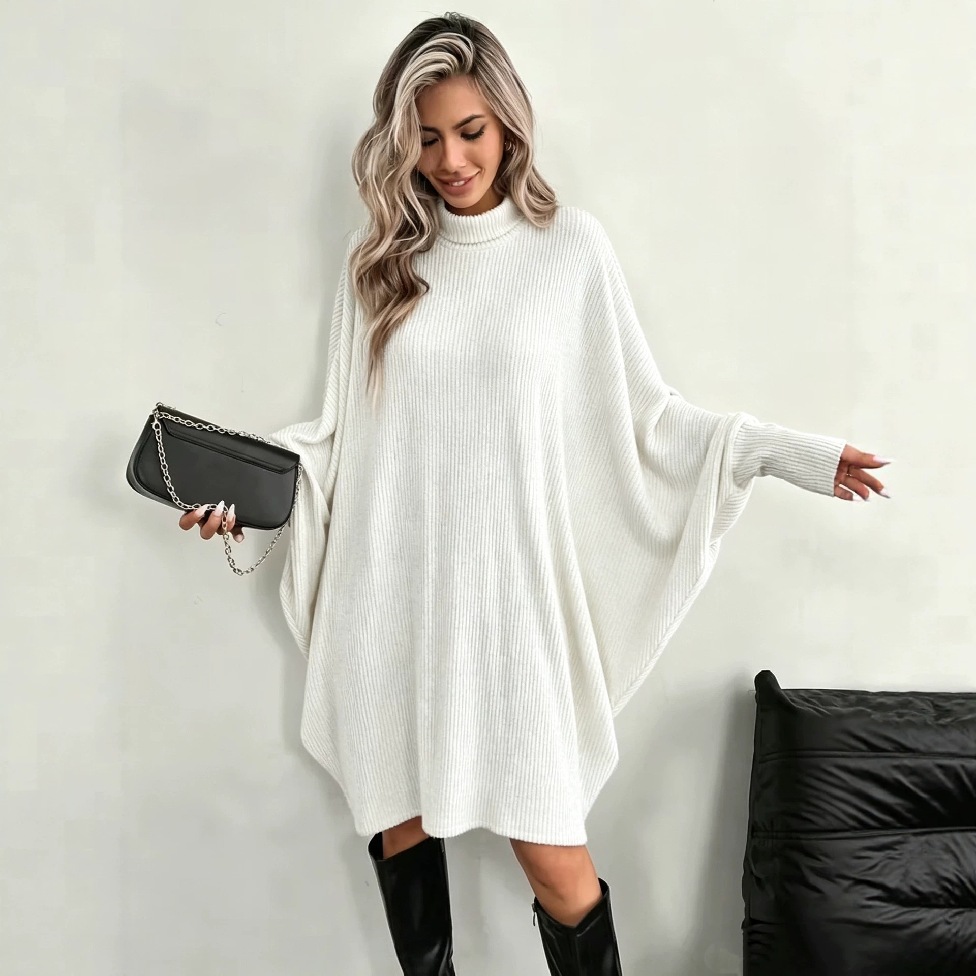 Elegant Loose Batwing Sleeve Turtleneck Long Sleeve Dress Gray Cape Coat