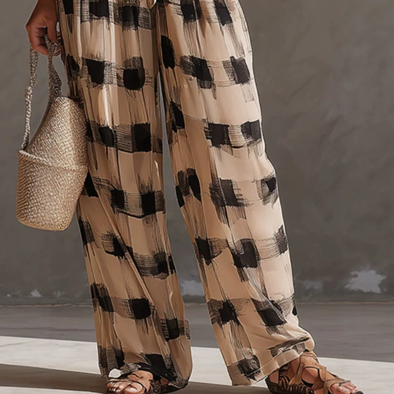 Retro Color Block Abstract Plaid Chiffon Top and Pants Set