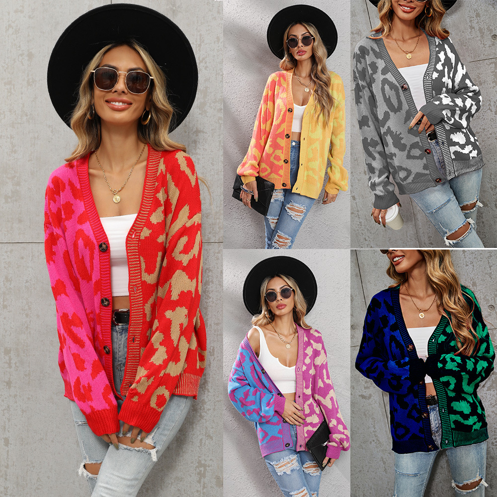 Leopard Print Patchwork Plus Size Button Cardigan Knit Sweater