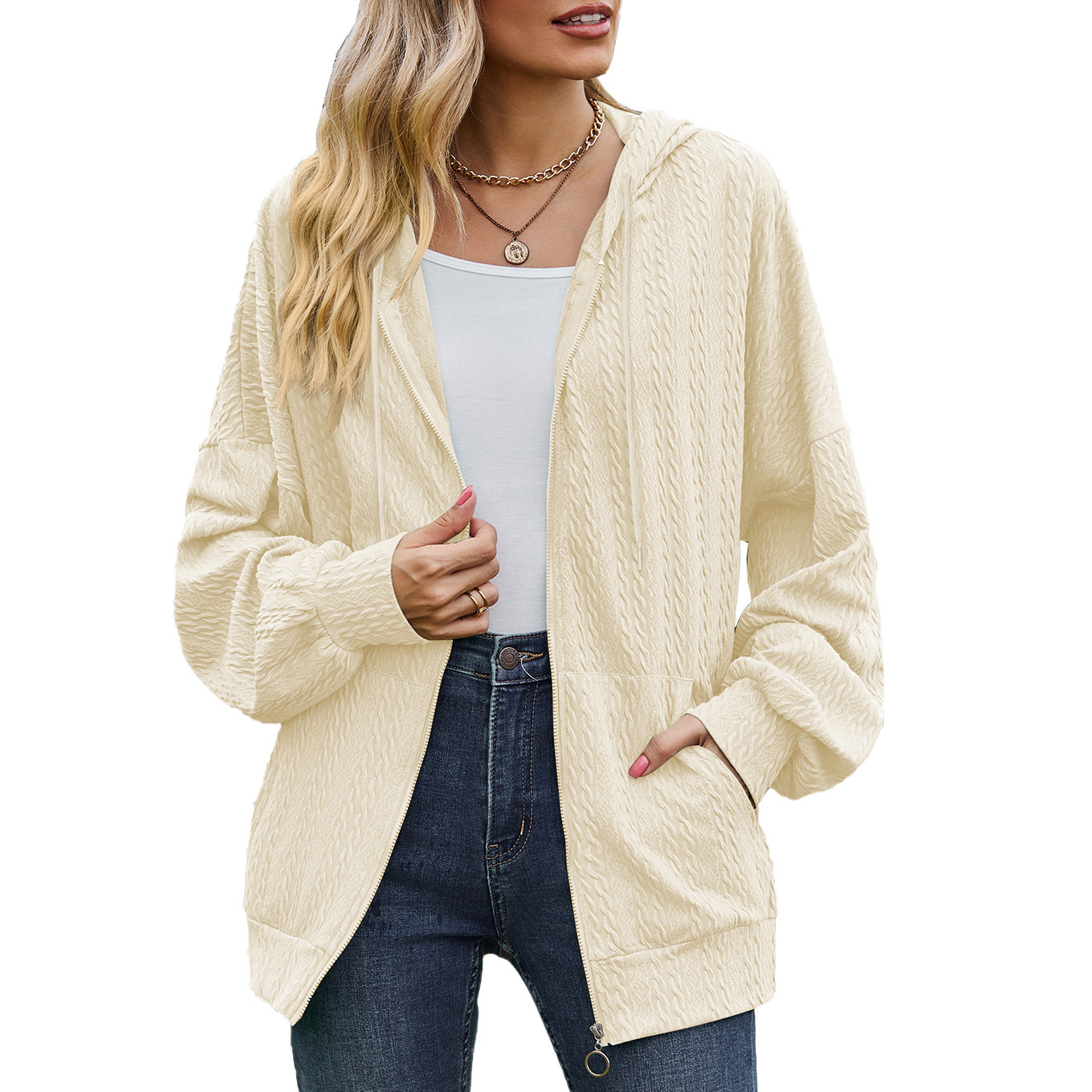 Women's Crinkled Textured Hooded Zip-Up Loose Fit Long Sleeve Cardigan Sweatshirt