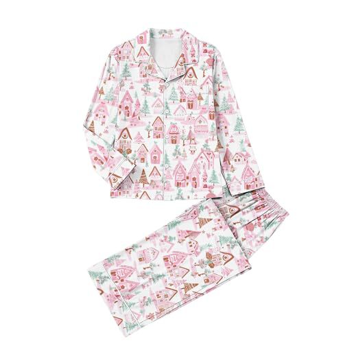 Women's Cuban Collar Christmas Snowflake Print Long Sleeve Shirt Set