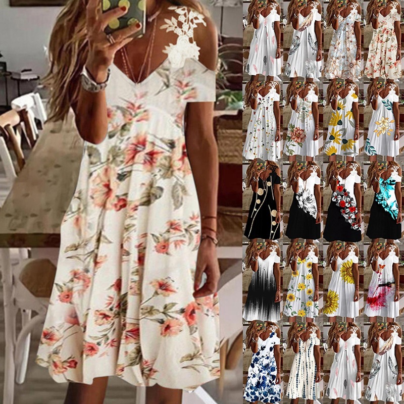 Women's Floral Print Off-Shoulder Lace Short Sleeve Dress