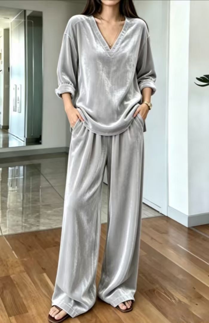 V-Neck Long-Sleeve Velvet Loose Loungewear Two-Piece Set
