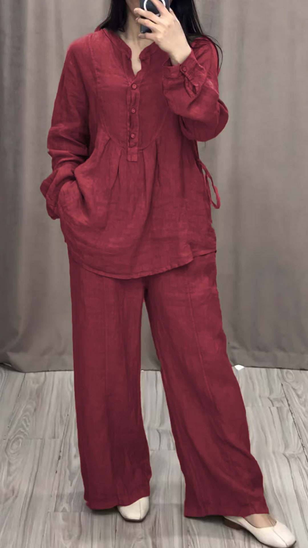 Cotton-Linen Long-Sleeve Half-Placket Pleated Wide-Leg Pants Set