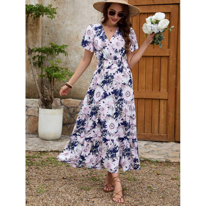 Printed V-Neck Short Sleeve Vacation Dress with Cinched Waist and Flared Long Skirt