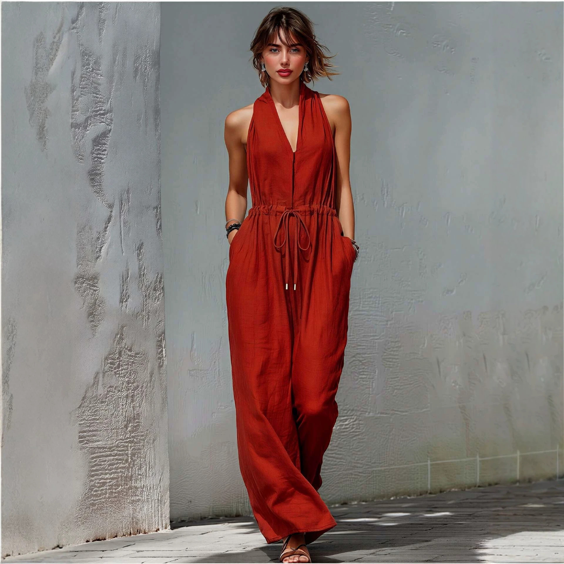 Women's Sleeveless Solid Color Long Wide-Leg Jumpsuit for Vacation