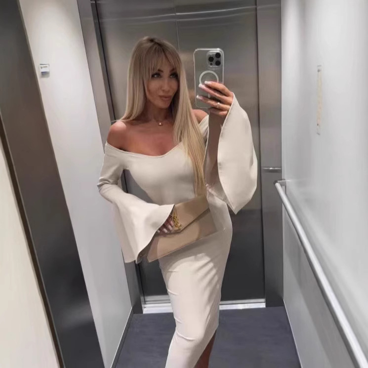 Solid Color Off-Shoulder Flare-Sleeve Slit Dress
