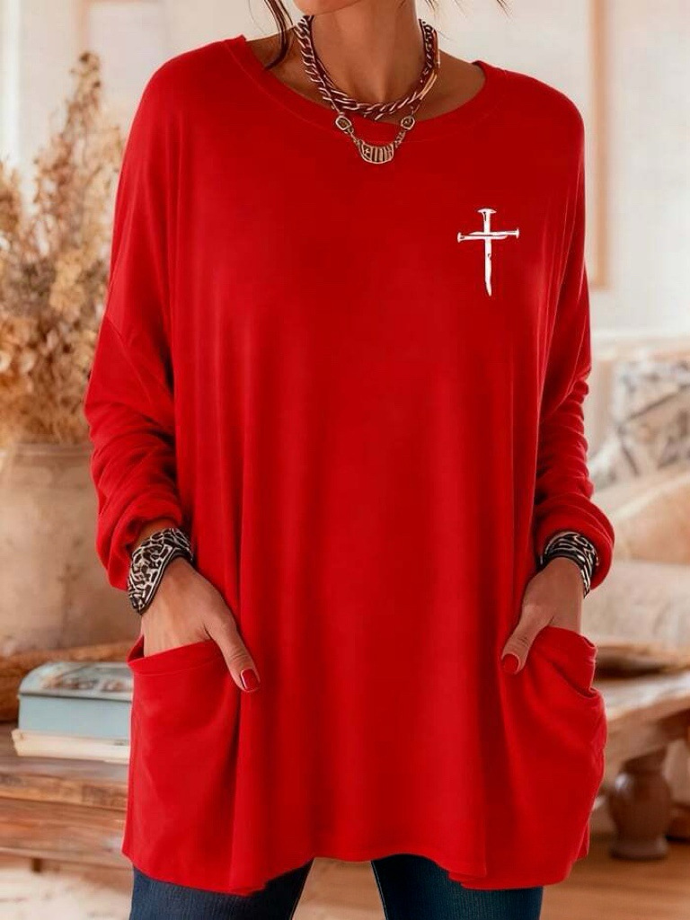 Women's Cross Print A-Line Midi Dress Long Sleeve Crew Neck Casual