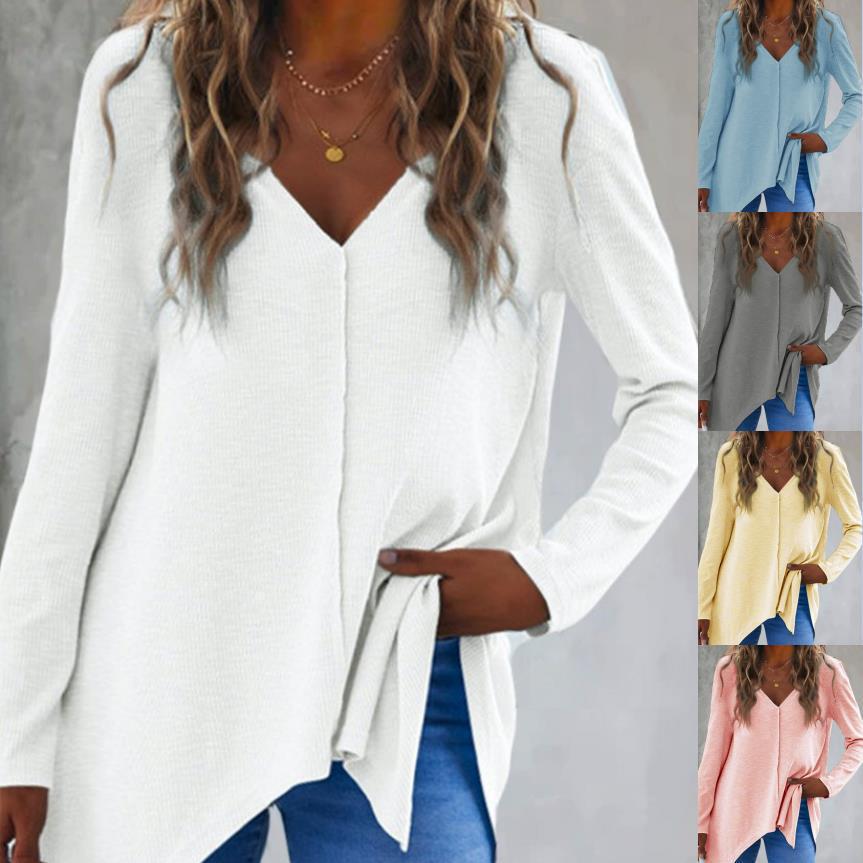 Women's V-Neck Knit Sweater Long Sleeve Loose Fit Colorblock Pullover