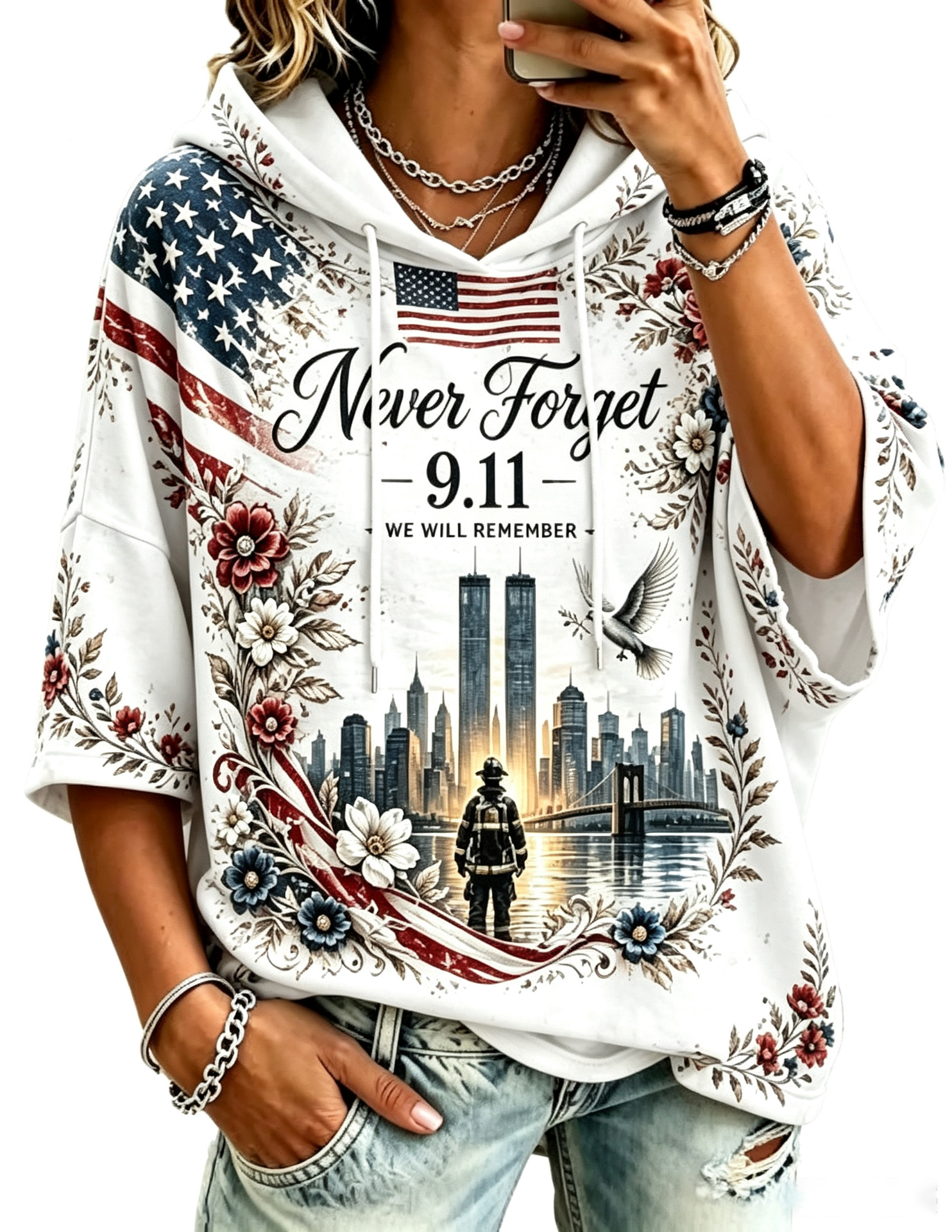 Women's Casual Hoodie with American Twin Towers Print