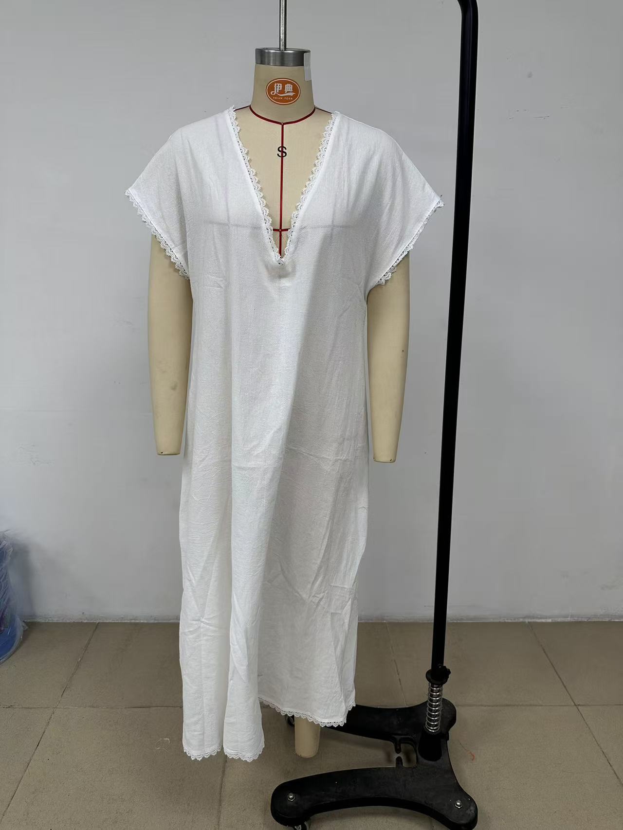 Women's Lace Trim Loose Linen Cotton Long Dress