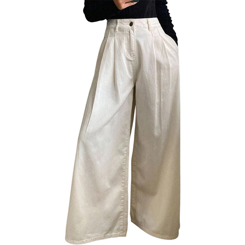 Women's White Wide-Leg High-Waist Jeans Loose Straight-Leg