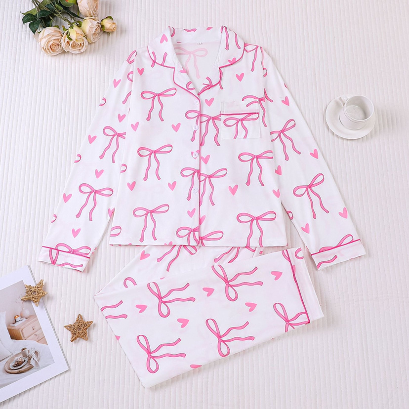 Cuban Collar Ribbon Bow Print Long Sleeve Women's Set